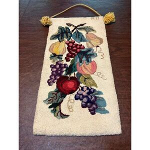 Vintage 1971 Hand-Hooked Fruit Wall Hanging With Plaid Back Yarn Tassels